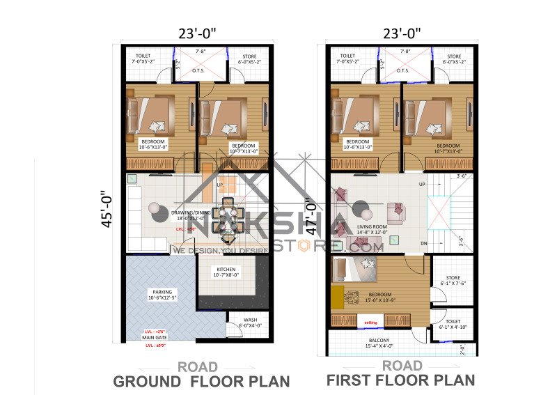 23×45 House Plan | Modern 3BHK Duplex Home Design with Parking | Ground & First Floor Plan